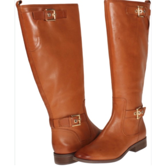 Nine West Riding Boots Women's 5M Brown Leather Knee High Gold Buckle - Picture 1 of 9